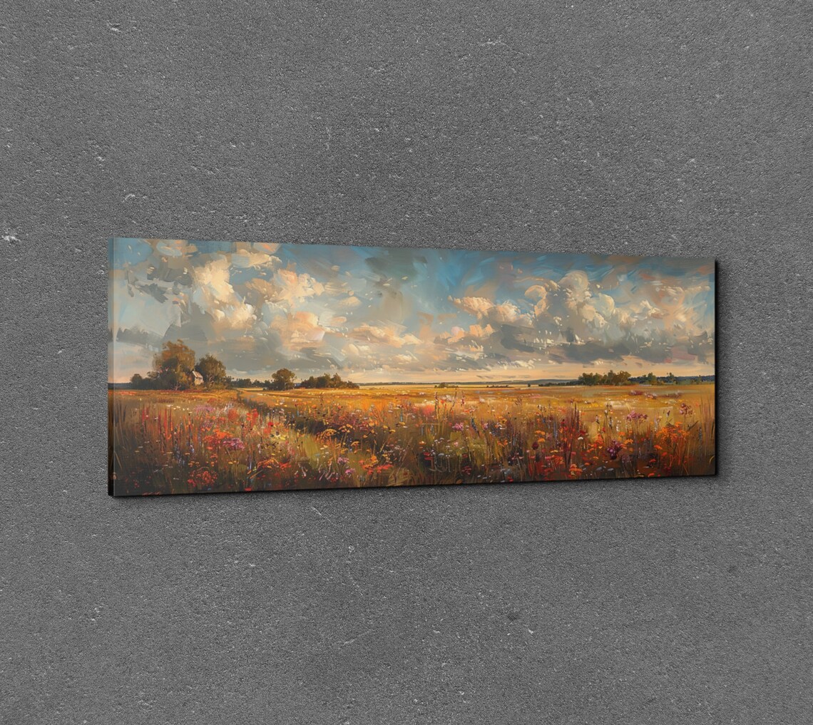 Golden Autumn Wildflower Meadow Under Blue Sky Vintage Art Poster - Image 3