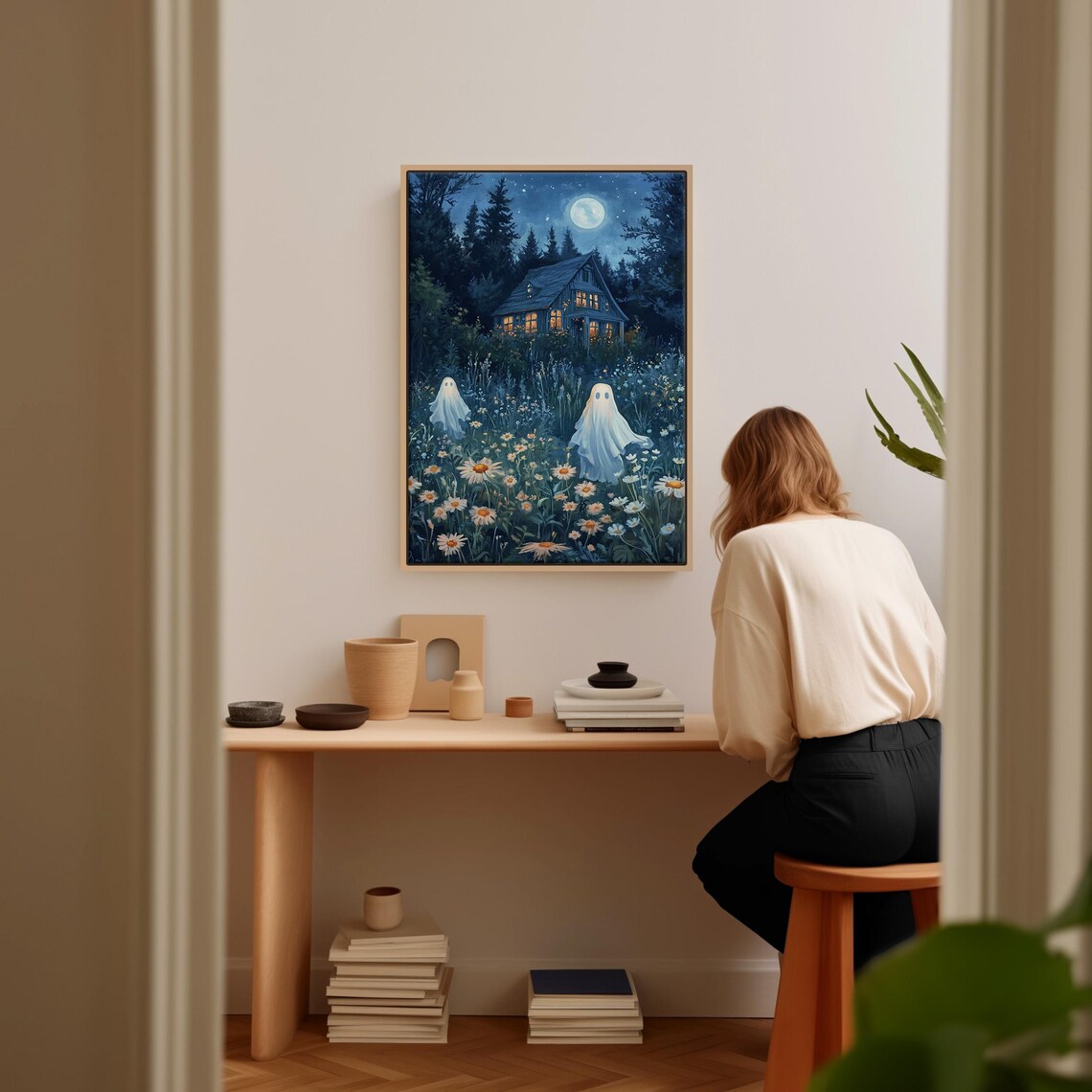Spooky Ghosts Moonlit Meadow Wildflower Night Haunted House Print - Image 4