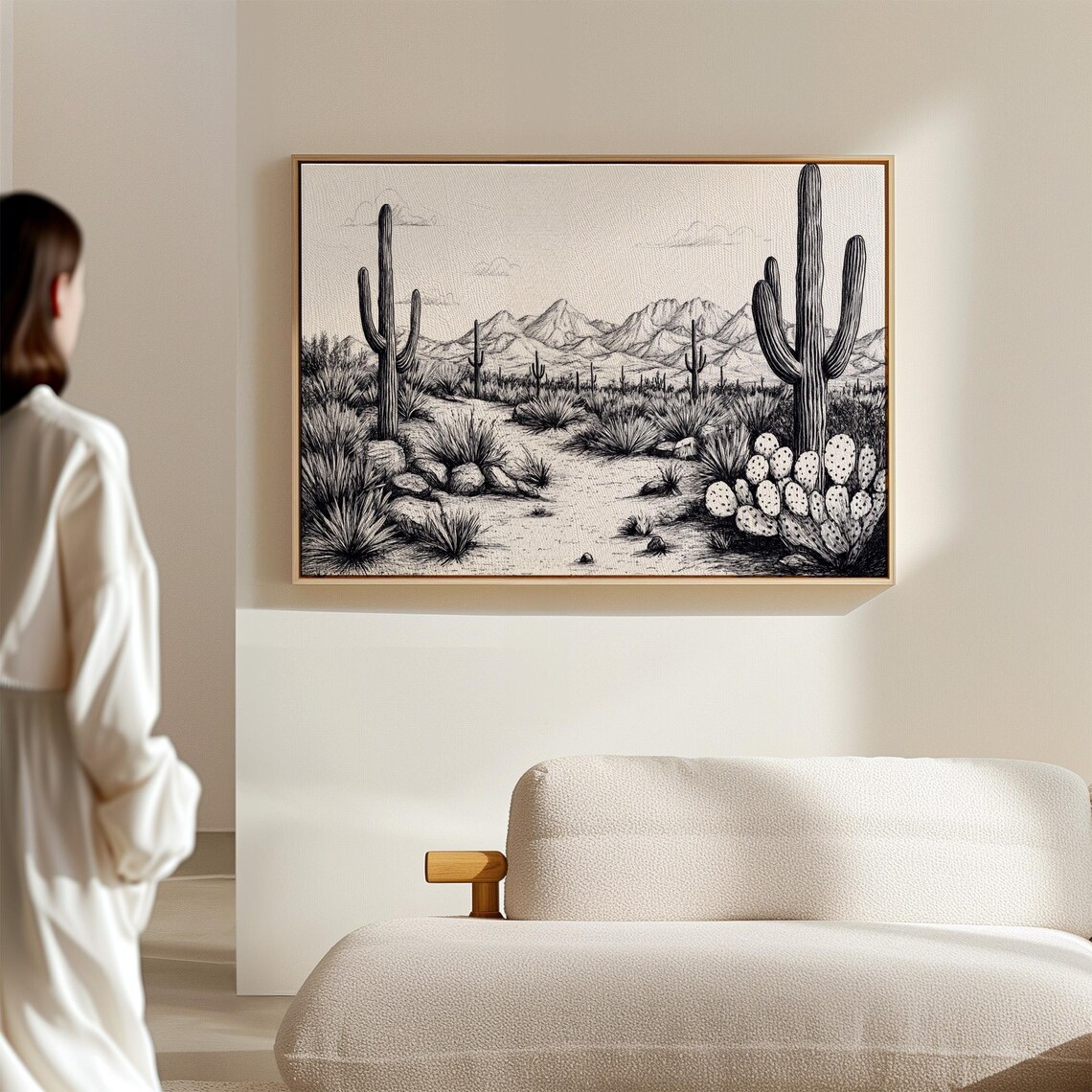 Black and White Ink Drawing of a Saguaro Desert Landscape Poster - Image 4