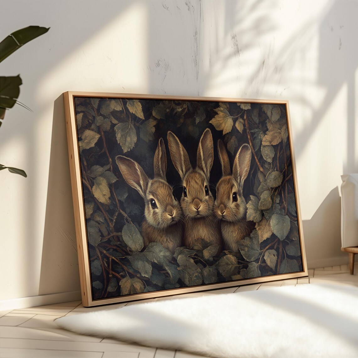 Three Baby Bunnies Peeking Through Dark Woodland Foliage Poster - Image 3