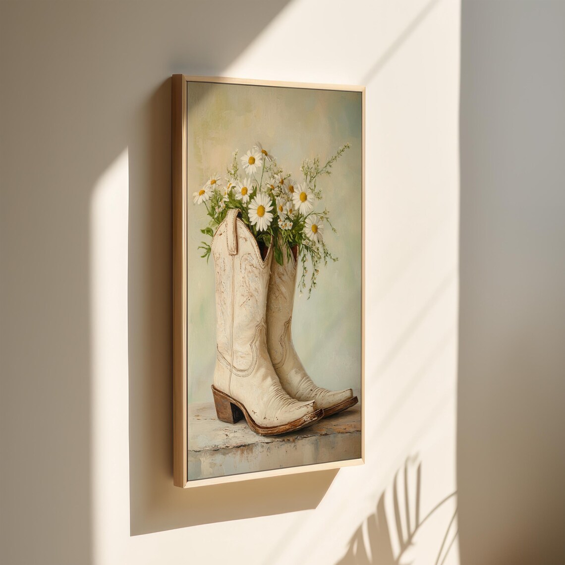 Pair Of Vintage White Cowboy Boots Filled With Daisies Painting Poster