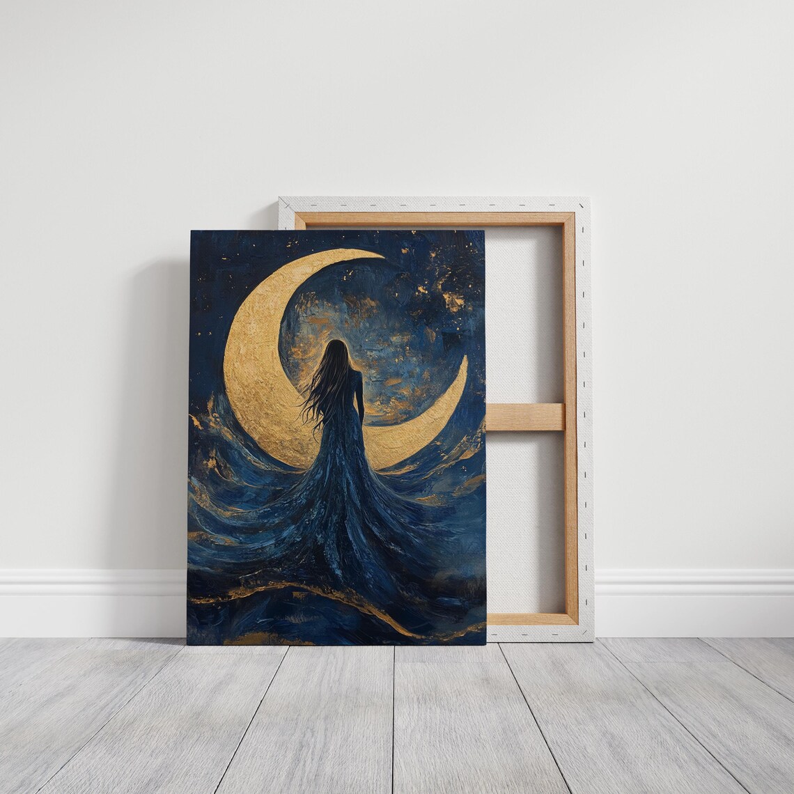 Celestial Woman Blue Flowing Dress Golden Crescent Moon Mystical Poster - Image 7