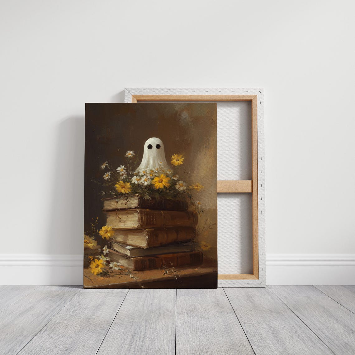 Whimsical Ghost On Vintage Books With Daisies Cozy Fall Art Poster - Image 2