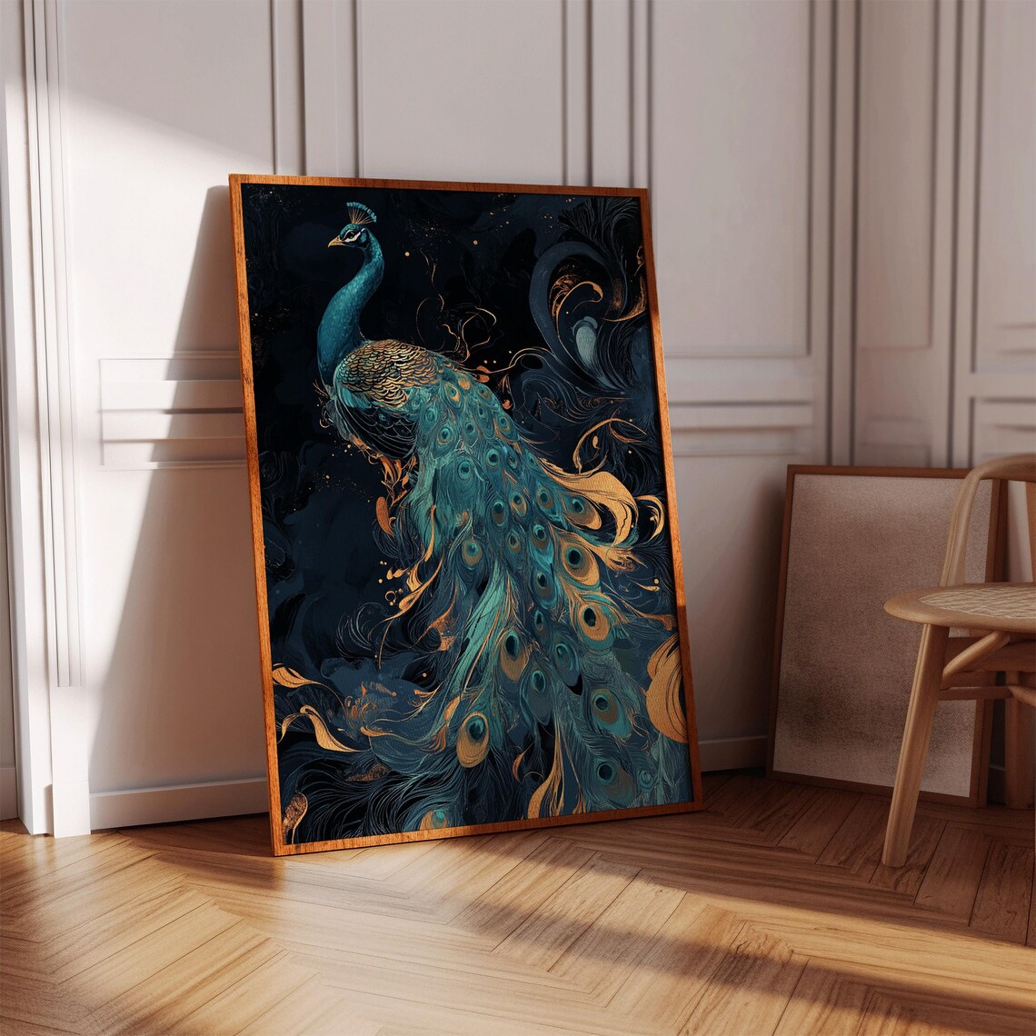 Midnight Peacock Print with Flowing Gold Teal Feather Detail Art