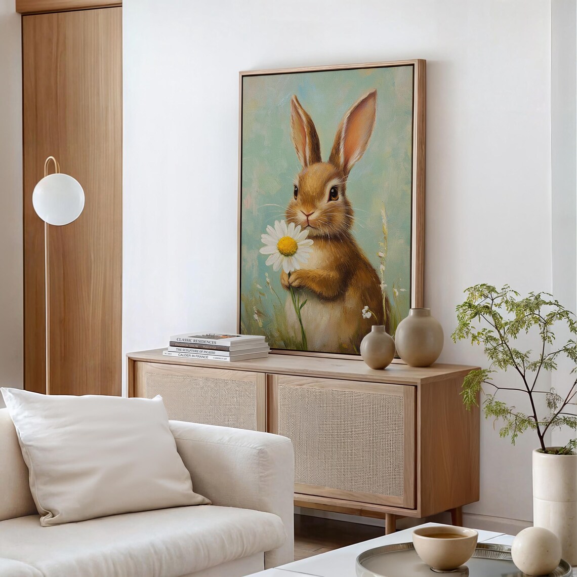 Cute Brown Bunny Holding Daisy Vintage Spring Painting Wall Art - Image 6