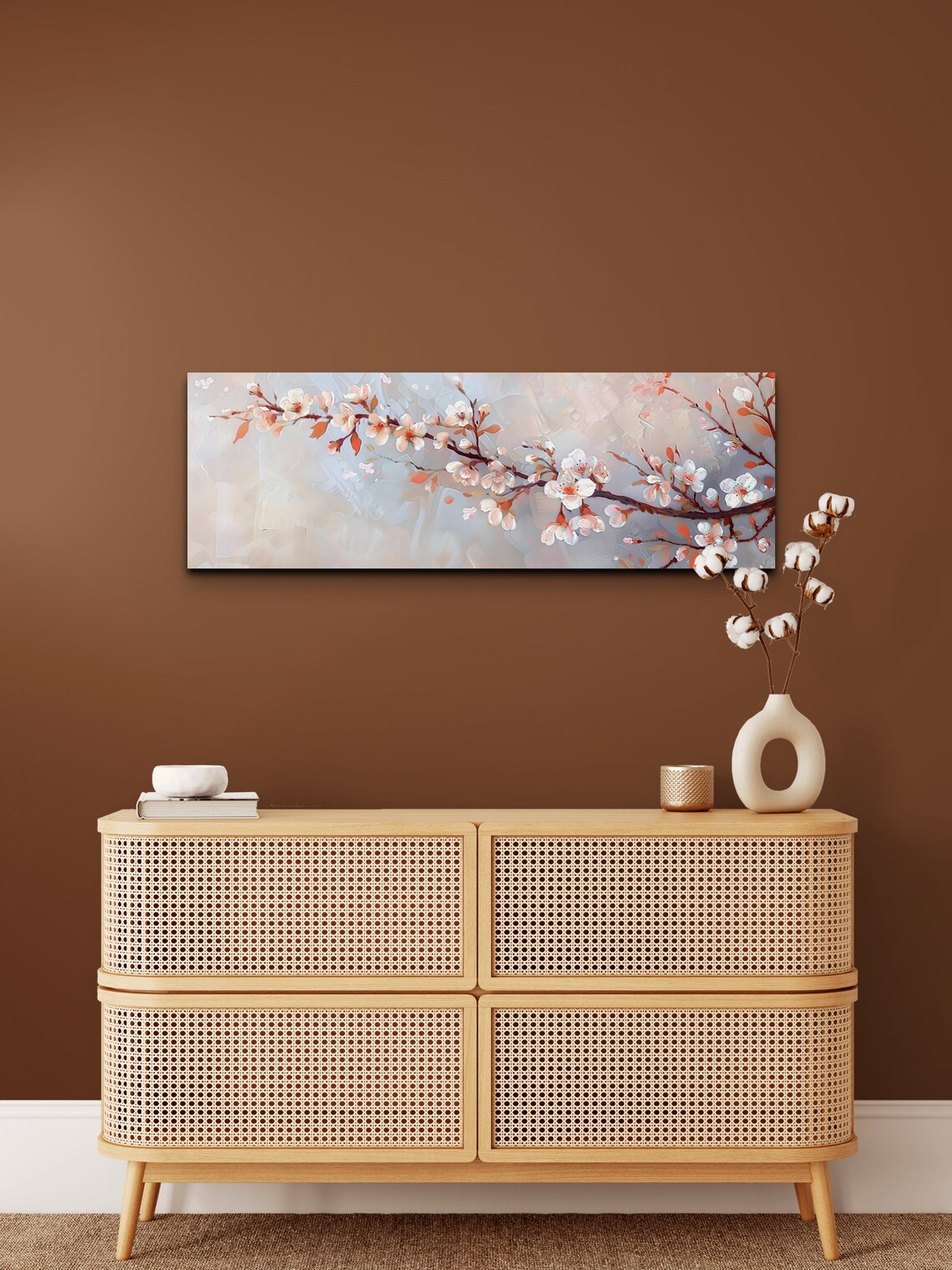 White Cherry Blossom Branch Beige Oil Painting Panoramic Art Poster - Image 6