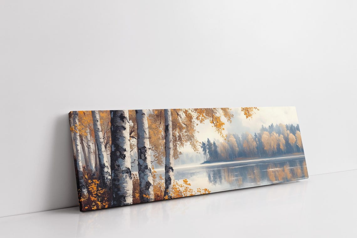 Autumn Birch Trees By Serene Lake Reflections Landscape Art Poster - Image 3
