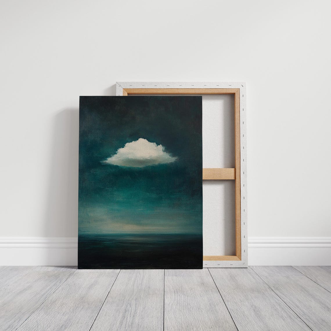 Single White Cloud Over Dark Teal Night Sea Minimalist Wall Art - Image 2