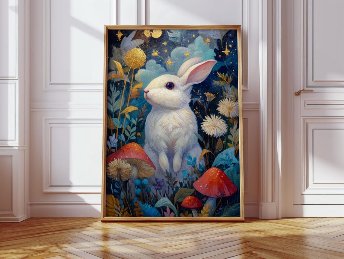 White Rabbit Moonlit Forest Mushrooms Stars Enchanted Bunny Wall Art