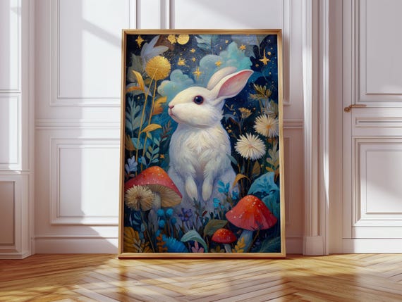 Magical White Rabbit Canvas Wall Art Enchanted Bunny In Moonlit Forest With Mushrooms Stars Whimsical Animal Artwork For Home Dcor