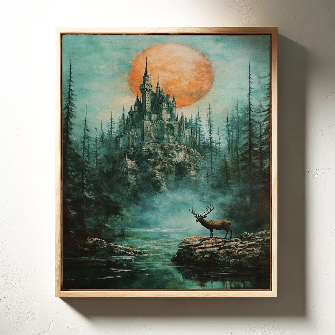 Enchanted Castle Under Orange Moon With Elk Fantasy Art Poster - Image 6