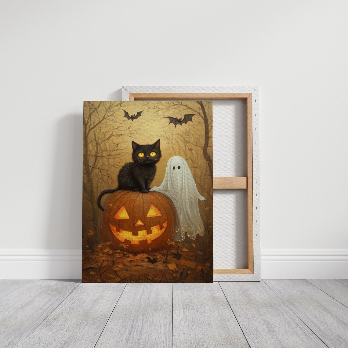 Halloween Black Cat Ghost Pumpkin Spooky Woods Vintage Wall Print - Image 2