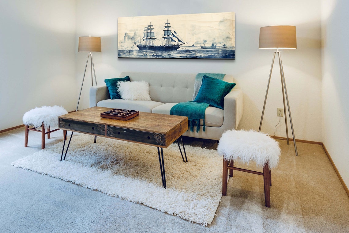 Vintage Pirate Ship Blue Ink Sketch On Stormy Sea Panorama Poster - Image 5