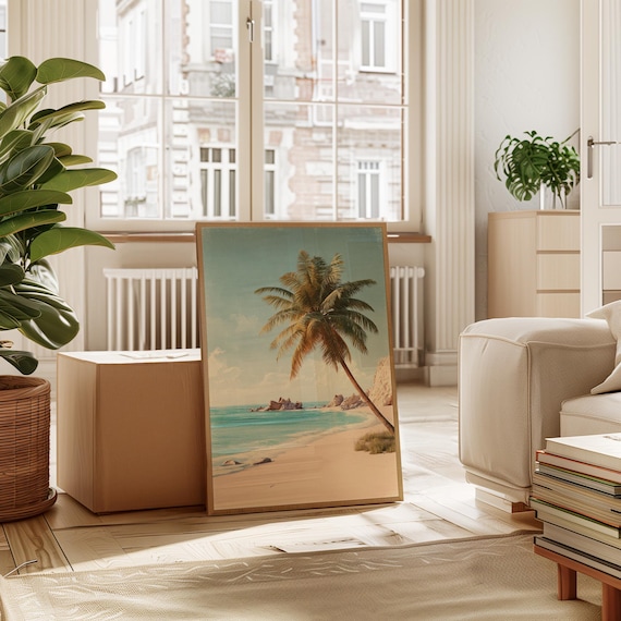 Palm Tree Turquoise Shoreline Vintage Style Tropical Beach Art Poster