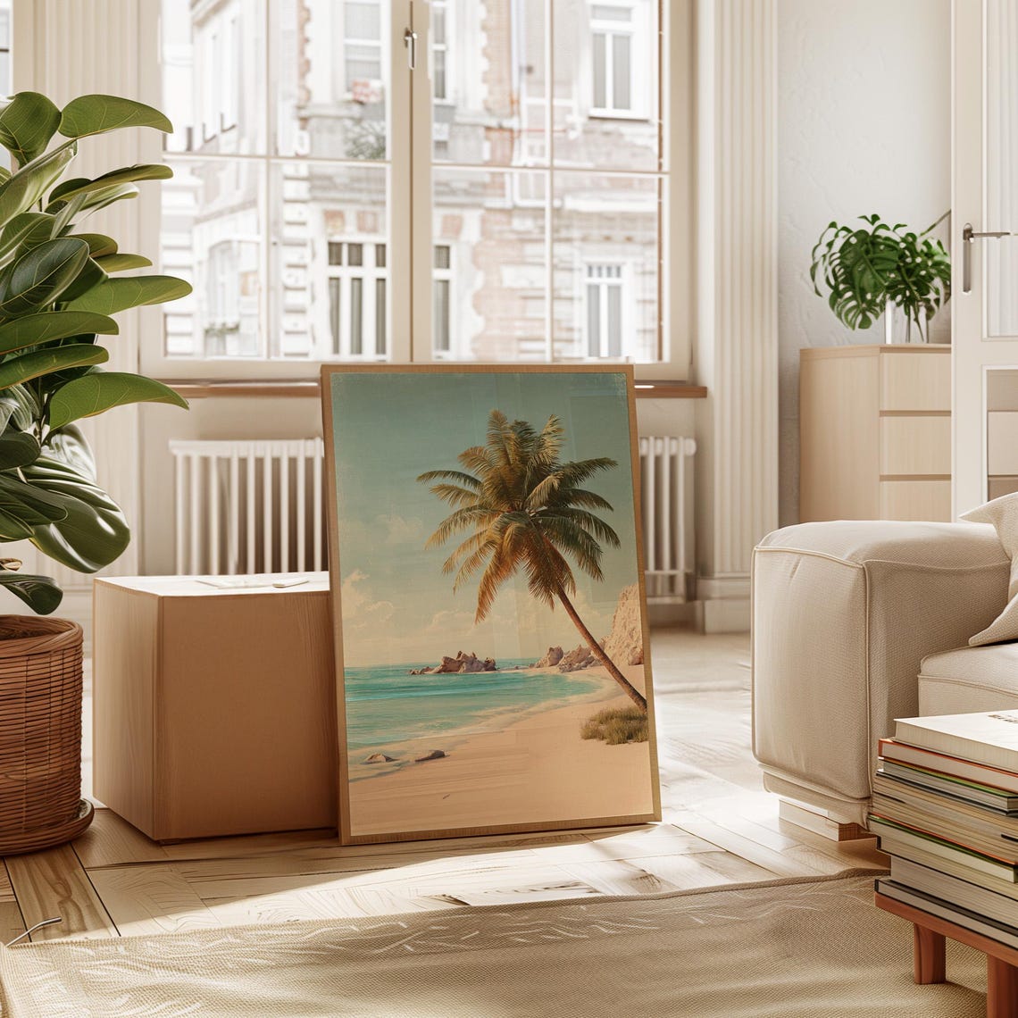 Palm Tree Turquoise Shoreline Vintage Style Tropical Beach Art Poster