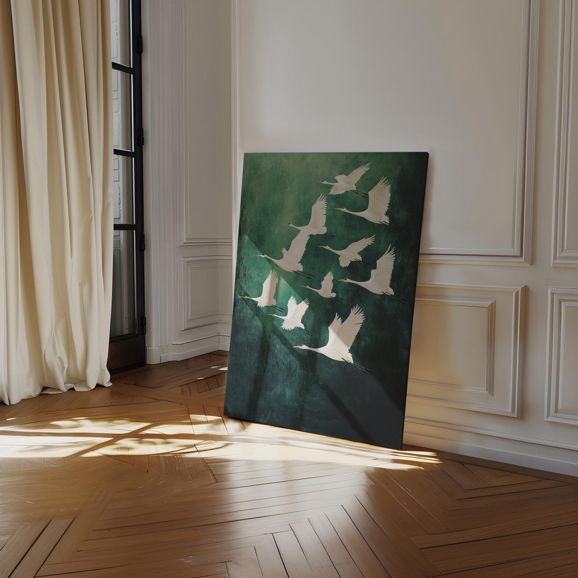 Nine White Cranes Flying On Emerald Green Textured Art Poster - Image 6
