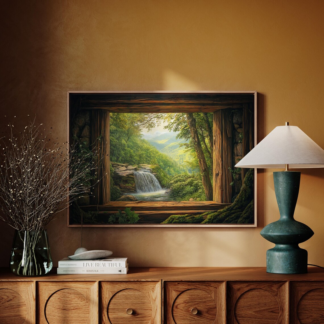 Rustic Window Waterfall Nature Landscape Wall Art Cabin View Painting Lush Green Forest Poster Tranquil Scenic Home Decor - Image 3