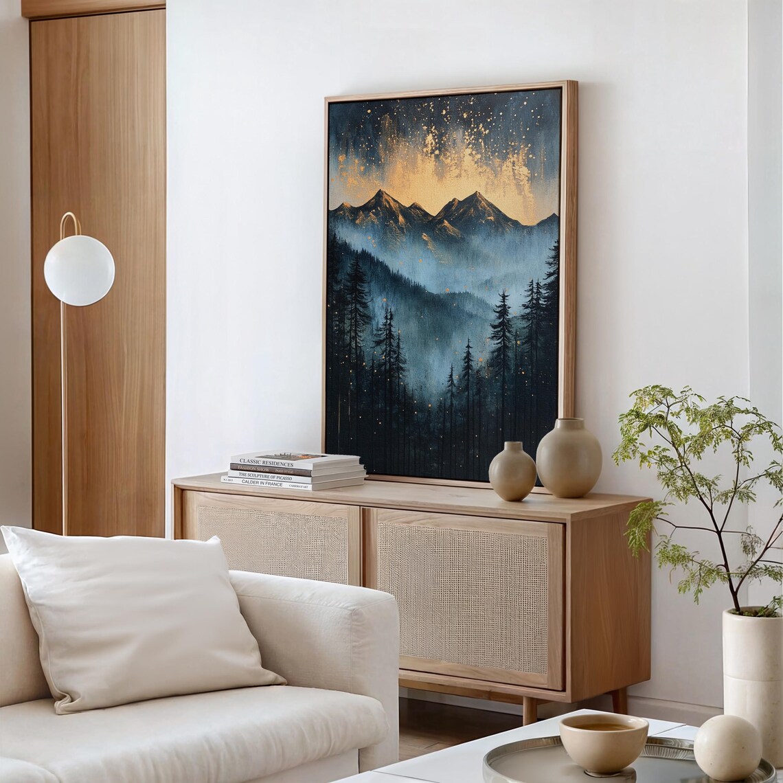 Golden Mountain Glow Misty Forest Landscape, Starry Sky - Image 6