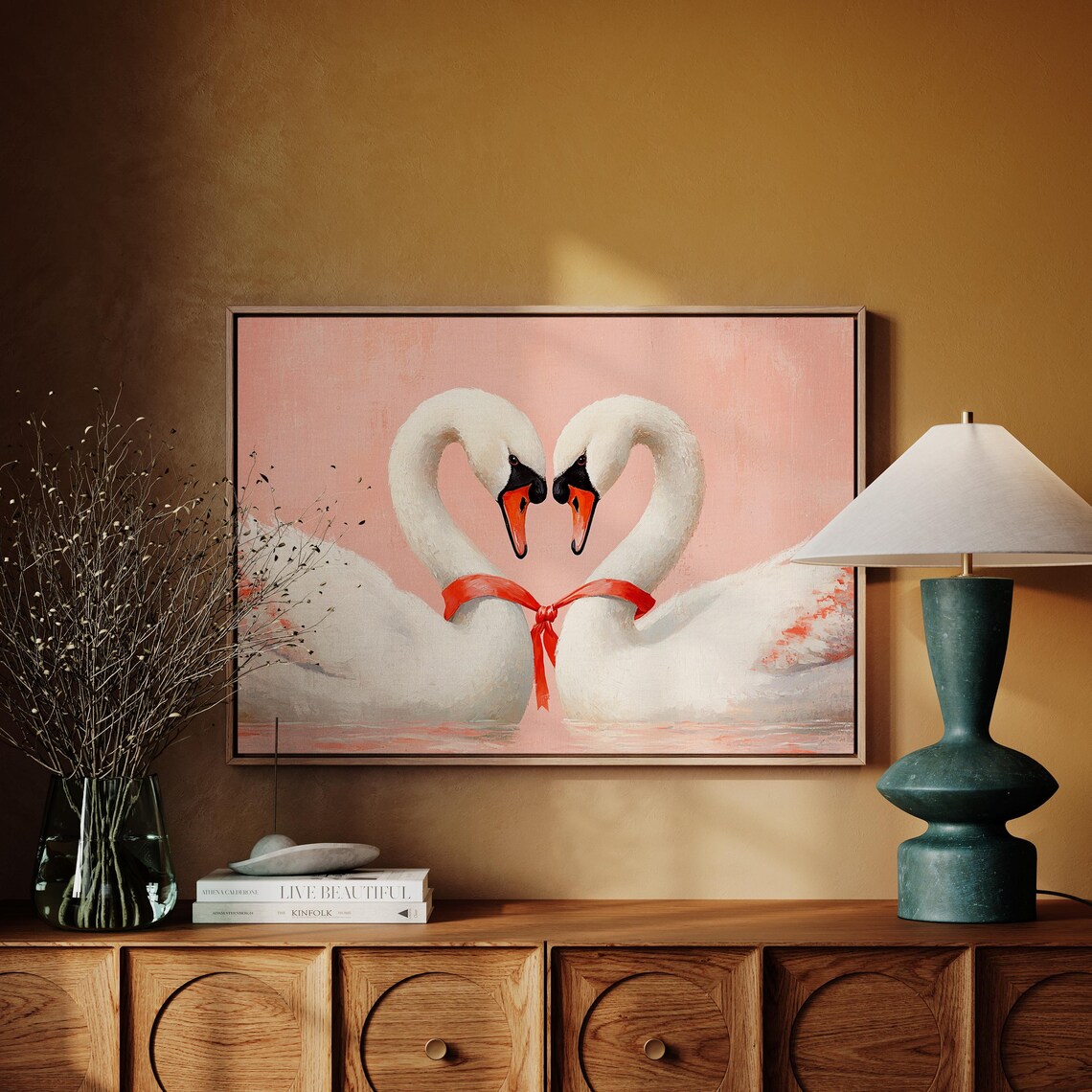 White Swans Forming Heart With Red Ribbon Romantic Painting Poster - Image 5