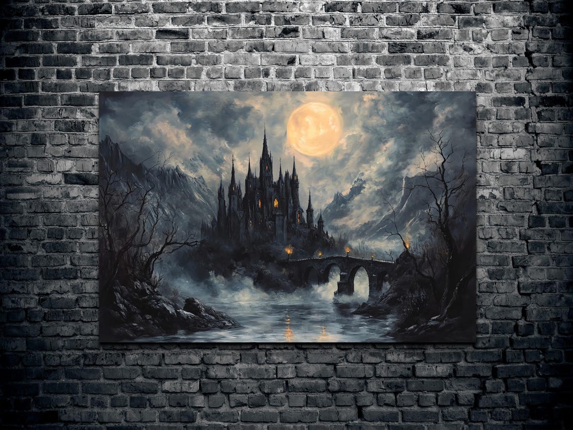 Golden Moon Gothic Castle With Torch Lit Stone Bridge Halloween Poster - Image 2