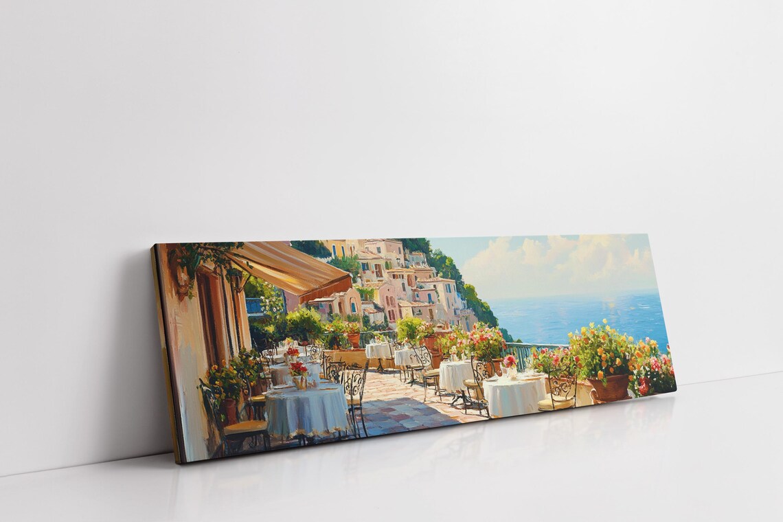 Mediterranean Terrace Cafe Seaside Coastal Town View Art Poster - Image 3
