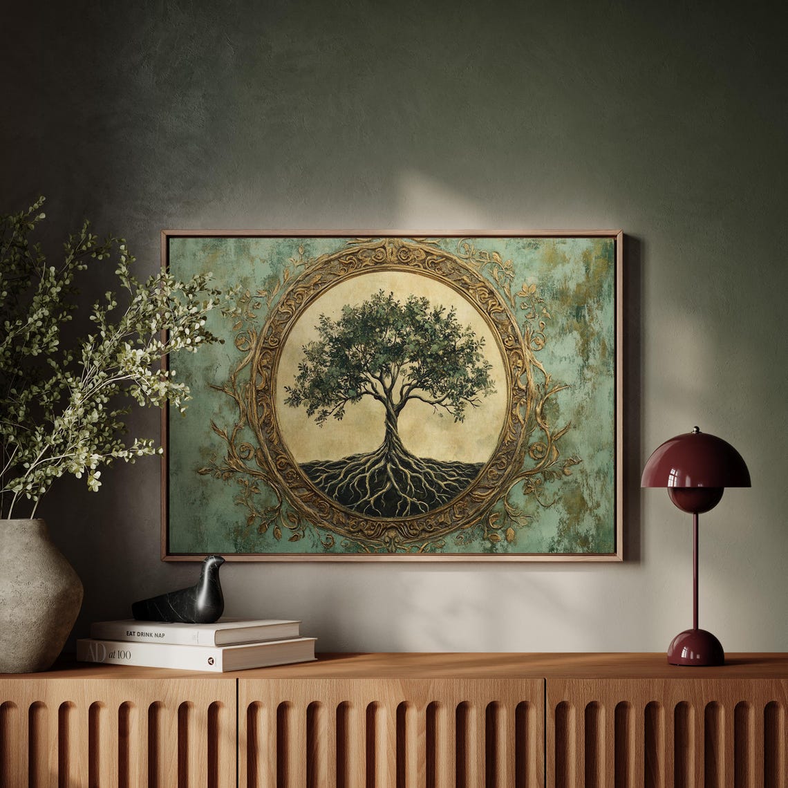 Tree Of Life In Ornate Golden Frame On Teal Textured Art Poster - Image 6