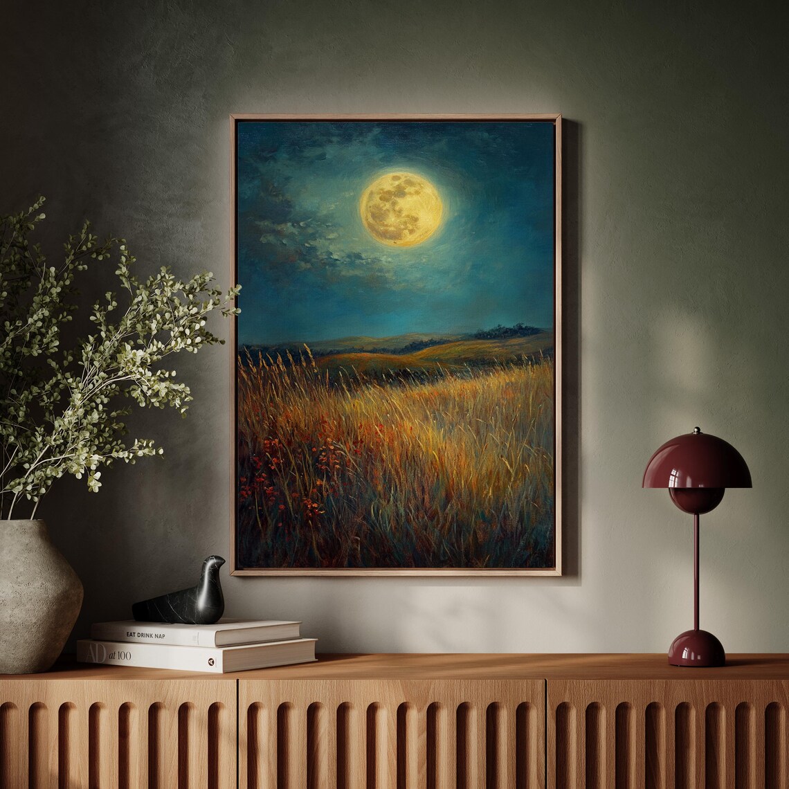 Moonlit Wheatfield, Tranquil Country Landscape Art Print - Image 7