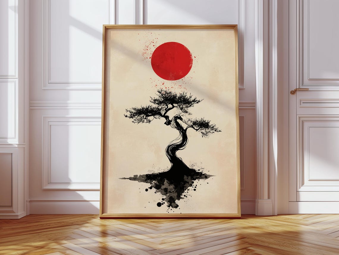 Japanese Bonsai Ink Tree With Red Sun Minimalist Sumi E Poster - Image 4