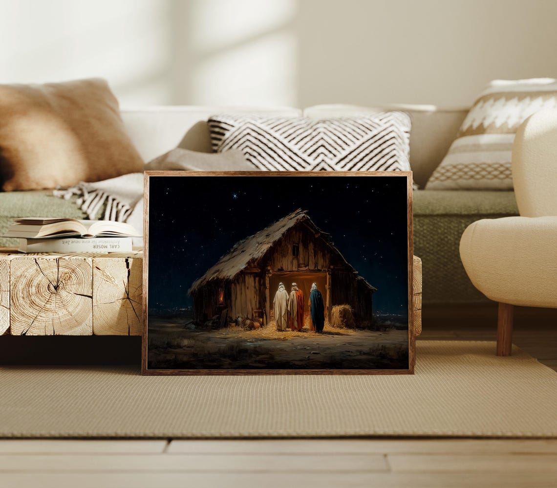 Three Wise Men Nativity Scene Starry Night Stable Painting Poster