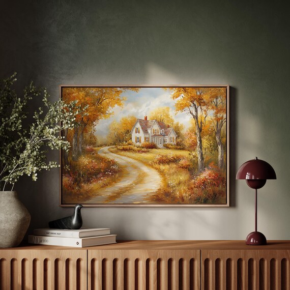 Charming Country Cottage in Autumn Golden Fall Landscape with Winding Road Poster