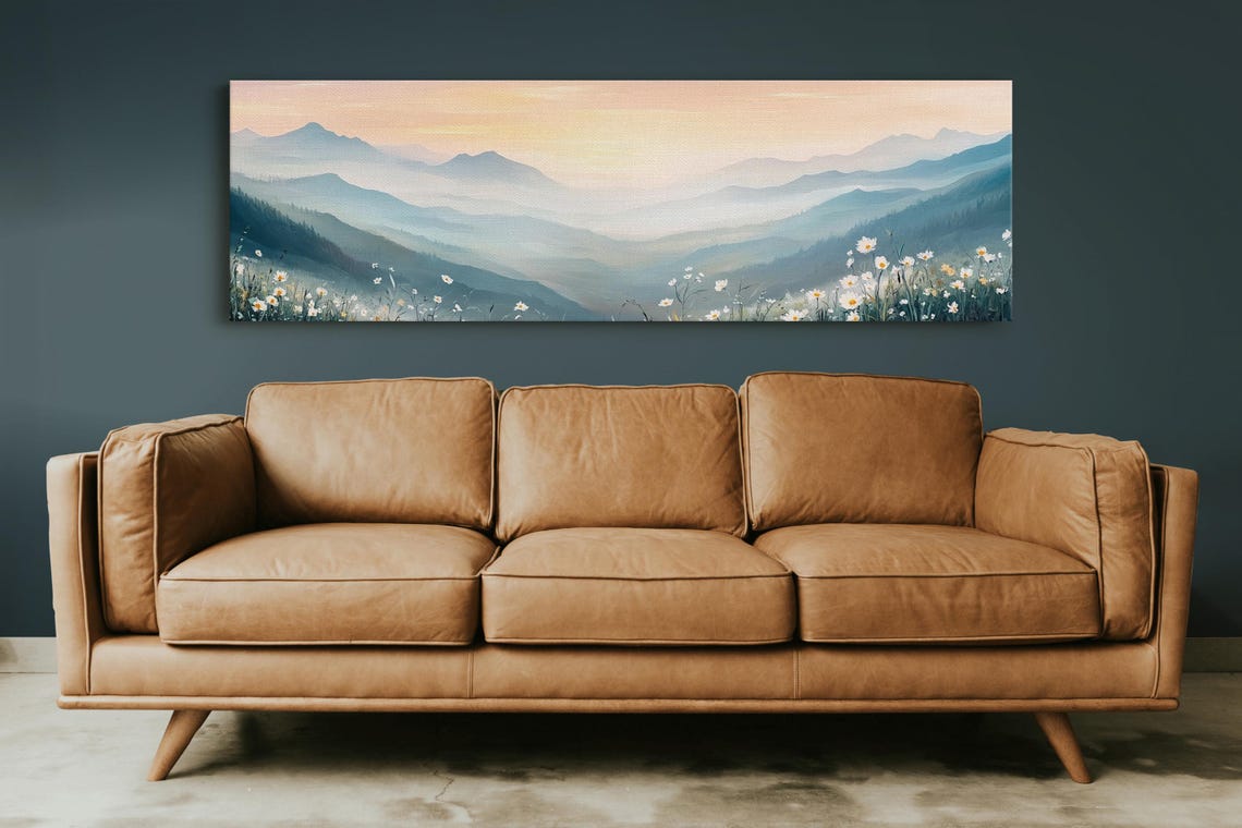 Misty Mountain Sunrise Over Wildflower Meadow Panoramic Art Poster - Image 4