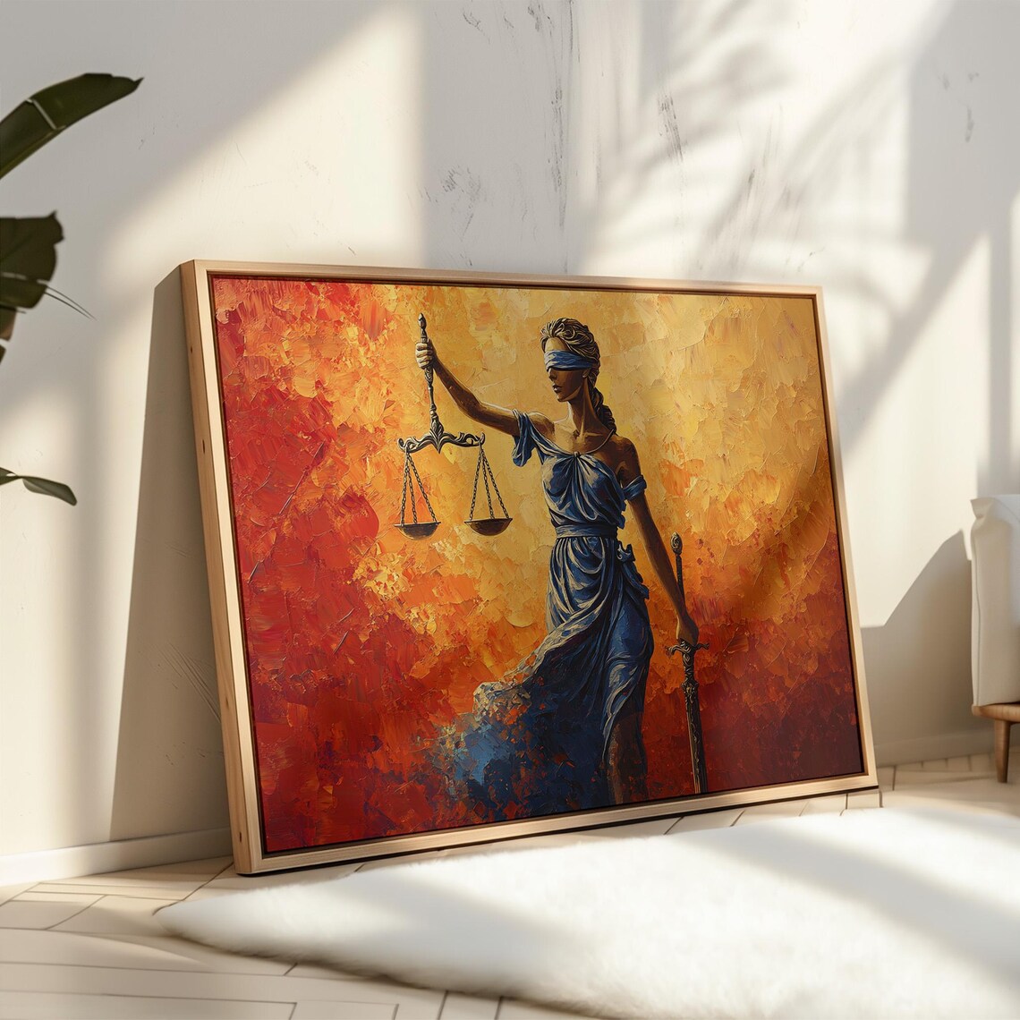Lady Justice Blindfold Scales Sword Fiery Orange Painting Poster - Image 2
