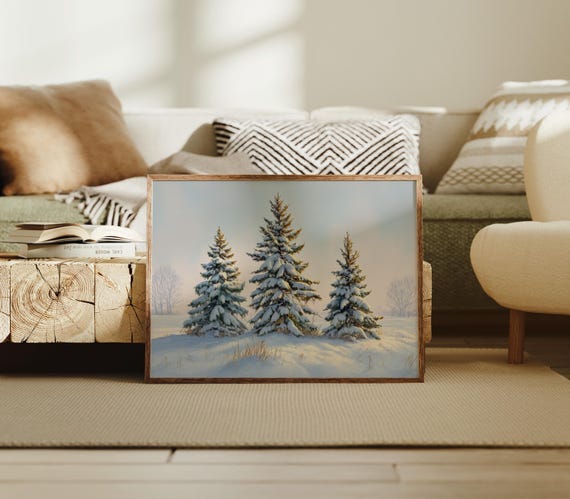 Three Snowy Pine Trees Canvas Wall Art Winter Landscape Painting Rustic Lodge Dcor Farmhouse Holiday Print Cozy Nature Accent
