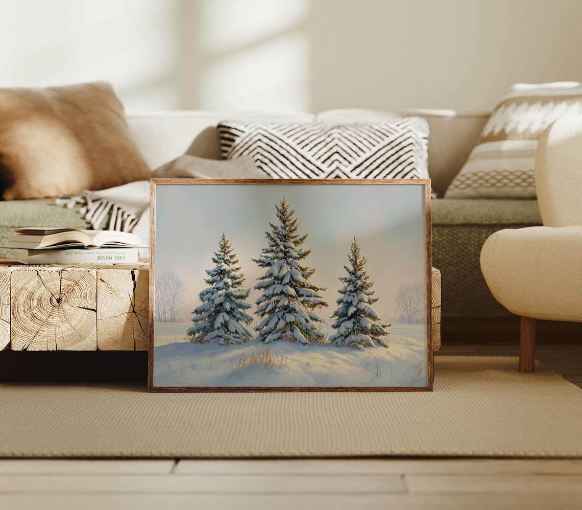 Three Snowy Pine Trees in a Peaceful Winter Field at Dawn Poster