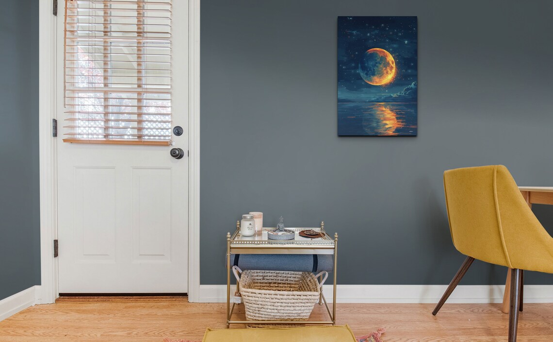 Blood Orange Full Moon Rising Ocean Reflection Starry Night Poster - Image 6