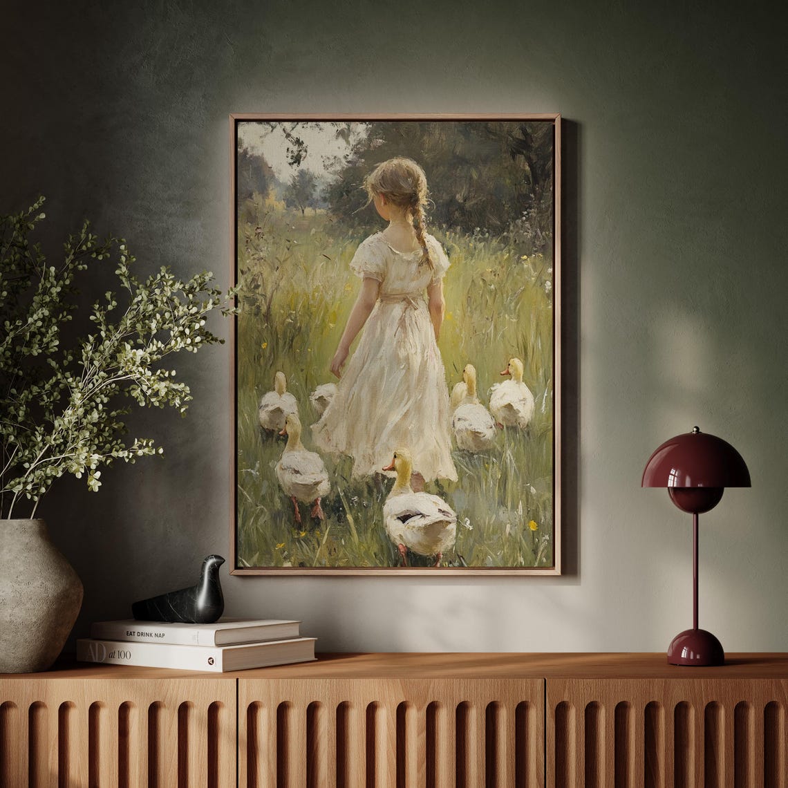 Young Girl With White Ducks Sunlit Meadow Pastoral Vintage Poster - Image 7