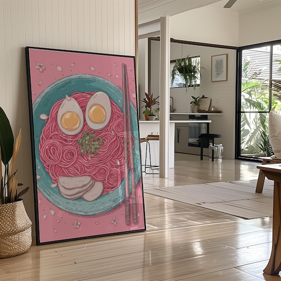 Pink Ramen Bowl Cherry Blossom Kawaii Japanese Food Art Poster