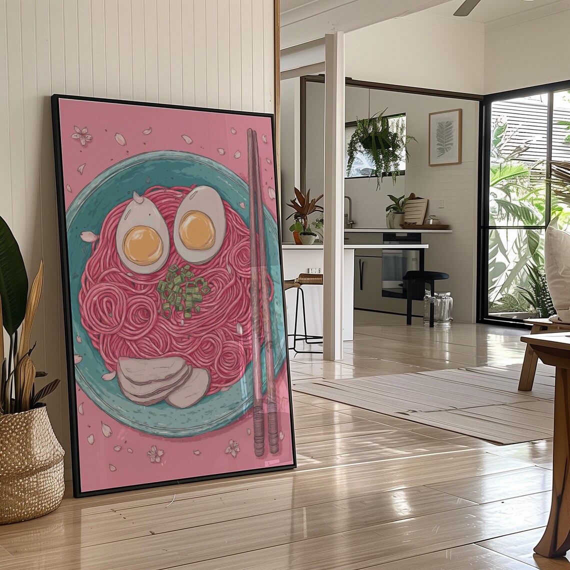 Pink Ramen Bowl Cherry Blossom Kawaii Japanese Food Art Poster