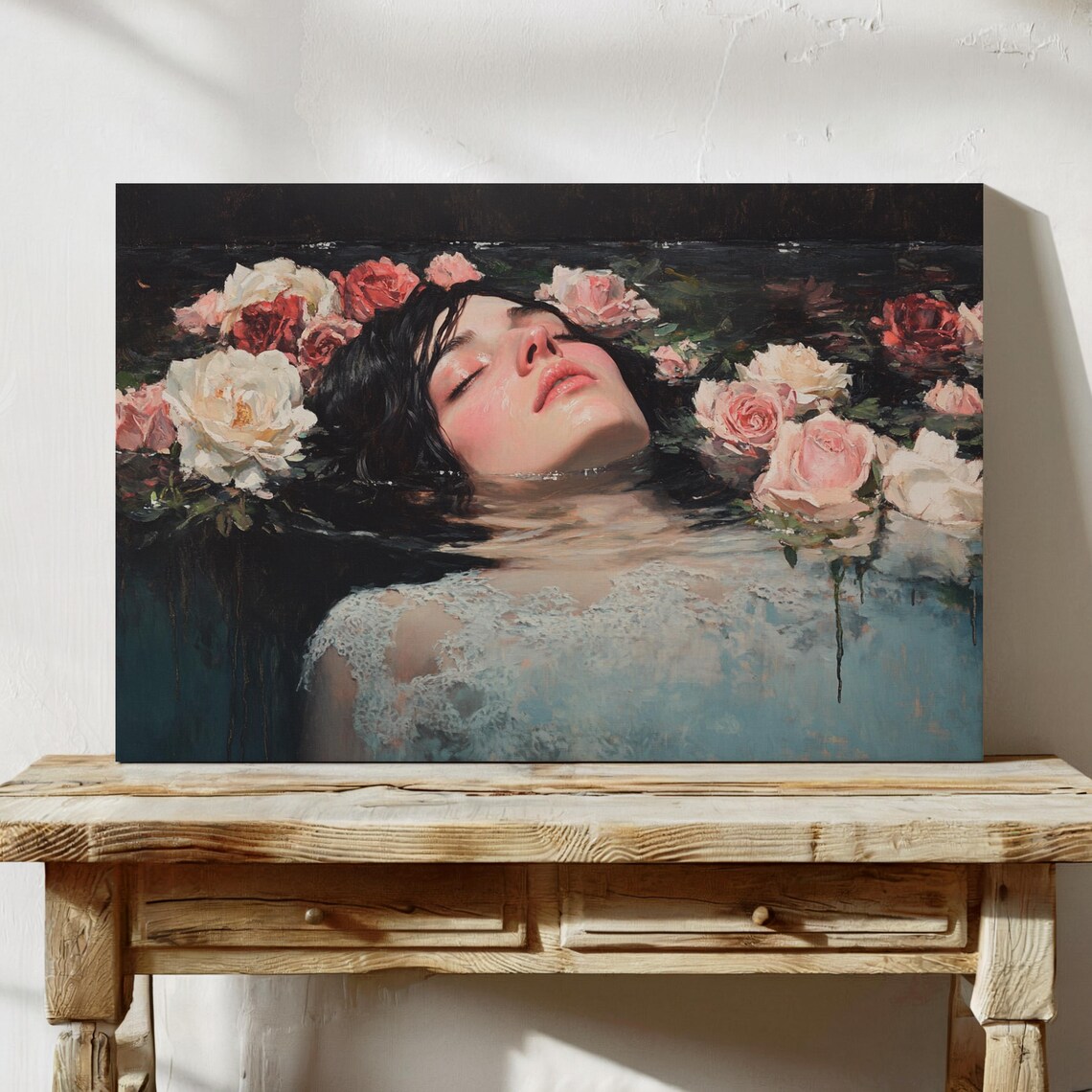 Serene Woman Floating Among Roses in Dark Still Water Art Poster - Image 7