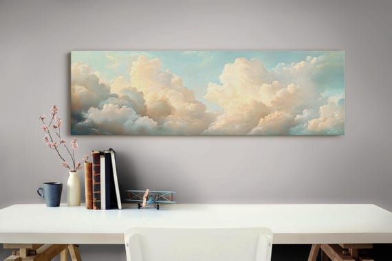 Panoramic Cloudscape Dreamy Sky Wall Art Serene Sunset Clouds Vintage Oil Painting Ethereal Nature Decor