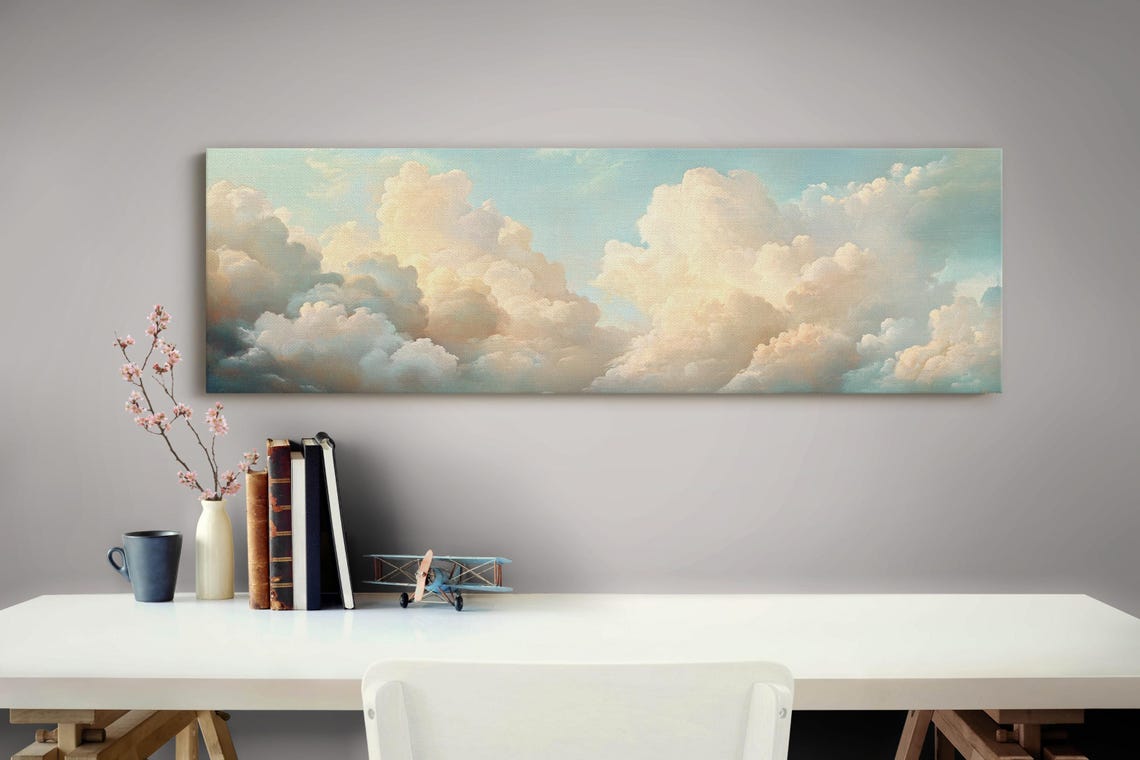 Panoramic Cloudscape Dreamy Sky Wall Art Serene Sunset Clouds Vintage Oil Painting Ethereal Nature Decor