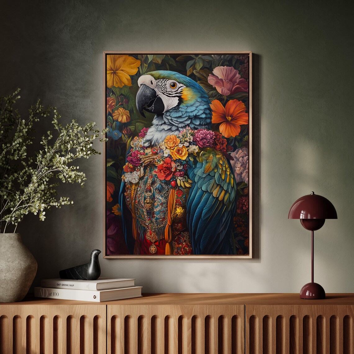 Vibrant Blue and Gold Macaw in Floral Garb Tropical Portrait Poster