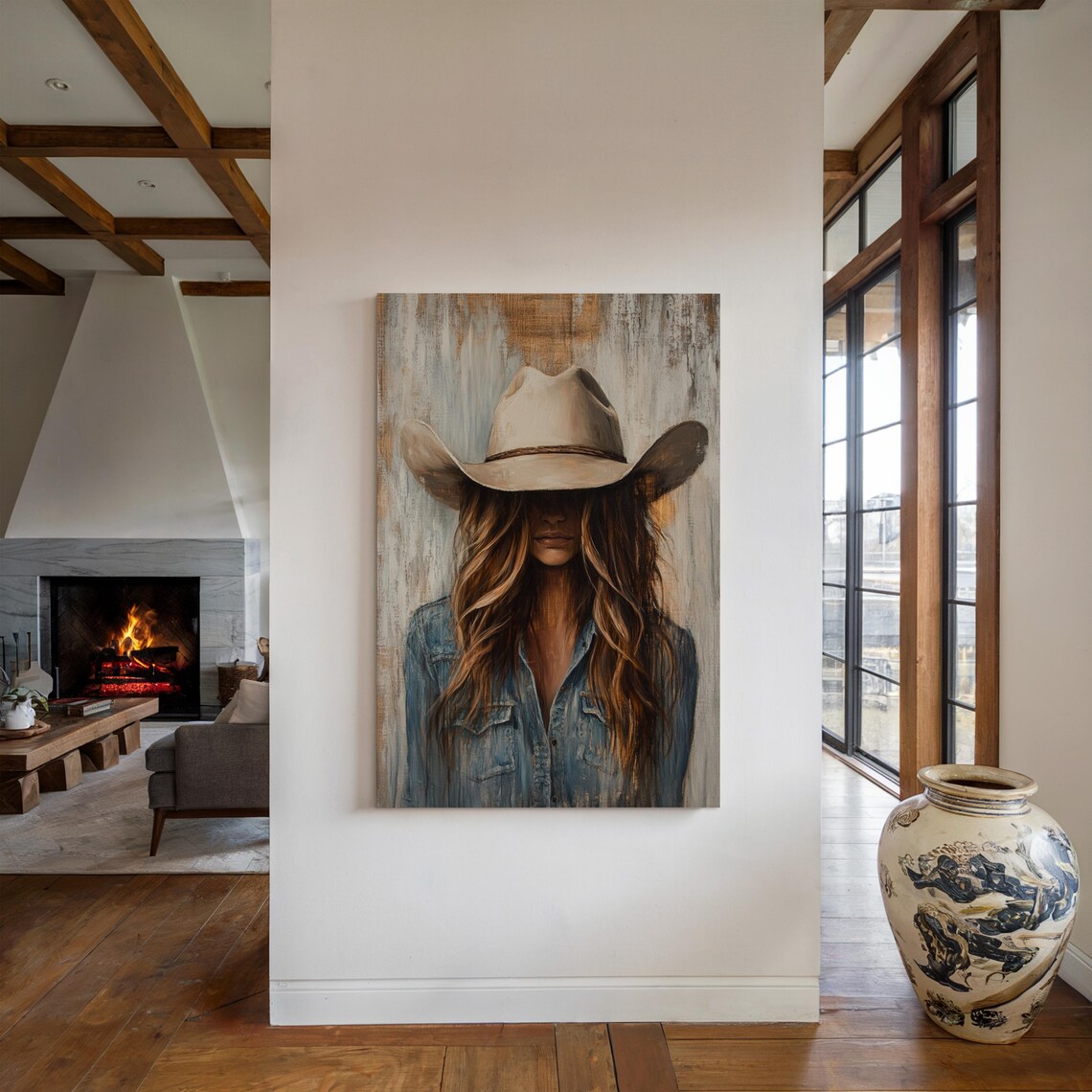 Cowgirl In Denim And Cream Cowboy Hat Faceless Portrait Wall Art - Image 2