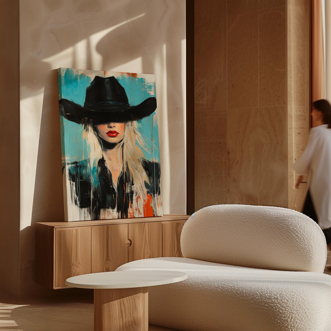 Blonde Cowgirl in Black Hat Abstract Teal Portrait Painting Poster - Image 4