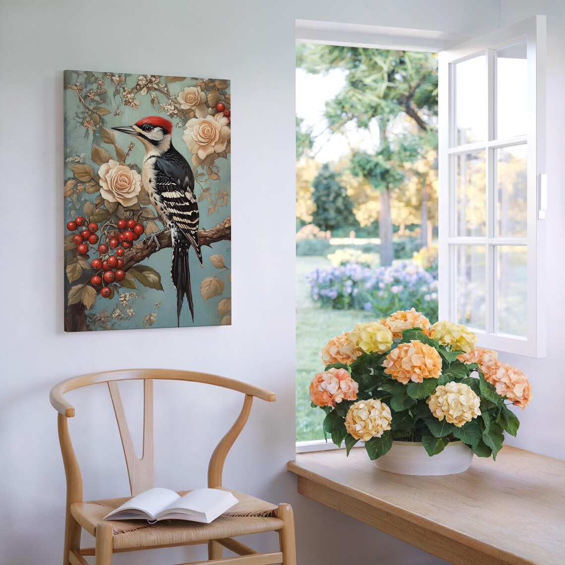Woodpecker Vintage Nature Bird Painting Roses Berries Teal Poster - Image 3