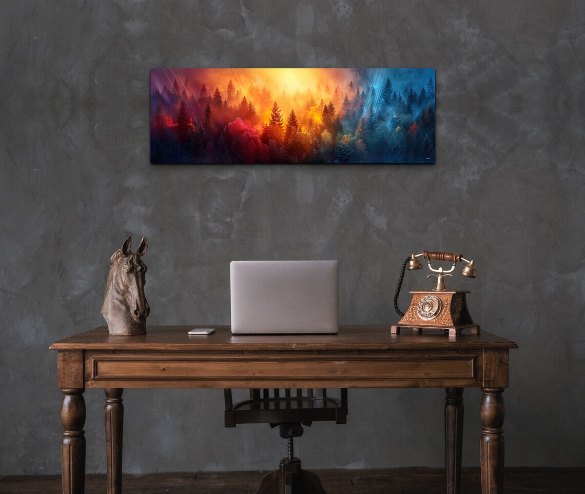 Vibrant Sunrise Through Misty Pine Forest Sunbeams Nature Art Poster - Image 3