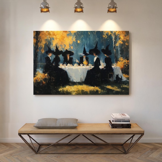 Witches Tea Party in Golden Autumn Forest Halloween Oil Poster