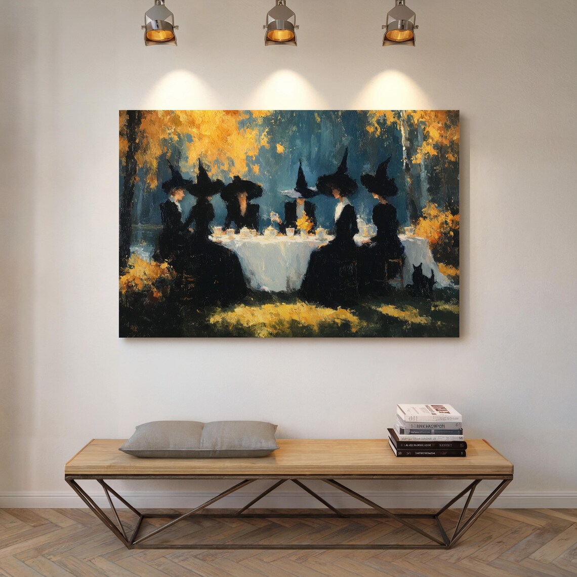 Witches Tea Party in Golden Autumn Forest Halloween Oil Poster