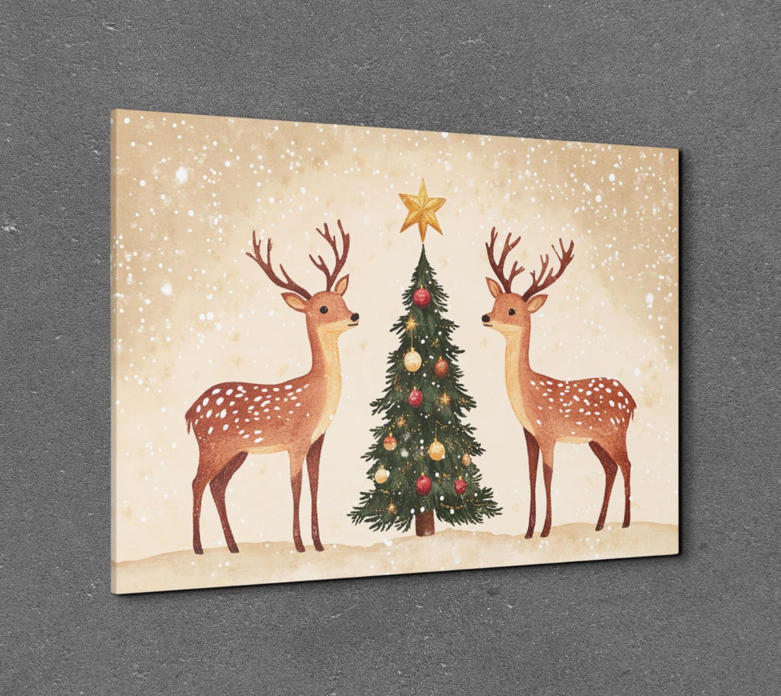 Two Deer Christmas Tree Gold Star Snowy Vintage Holiday Scene Poster - Image 7