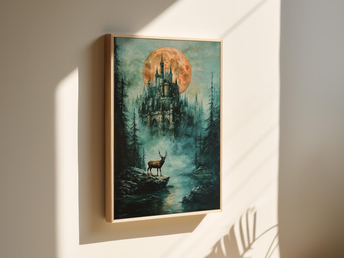Enchanted Castle and Stag, Mystical Forest Landscape - Image 5